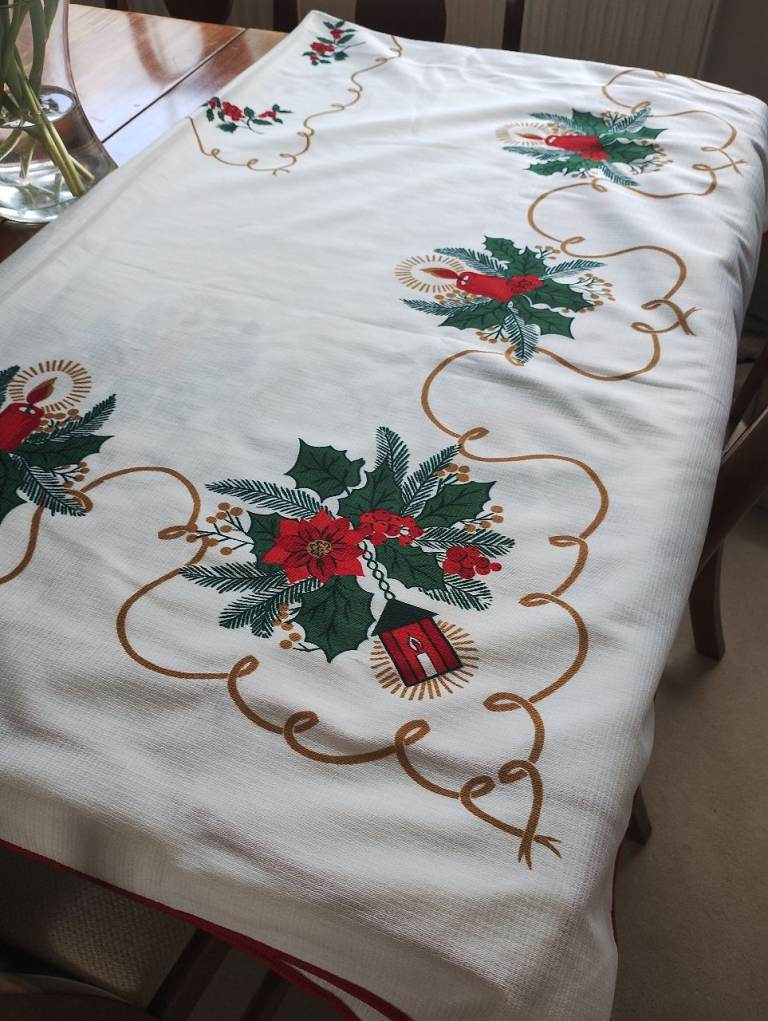 Christmas table cloth and cookery books 