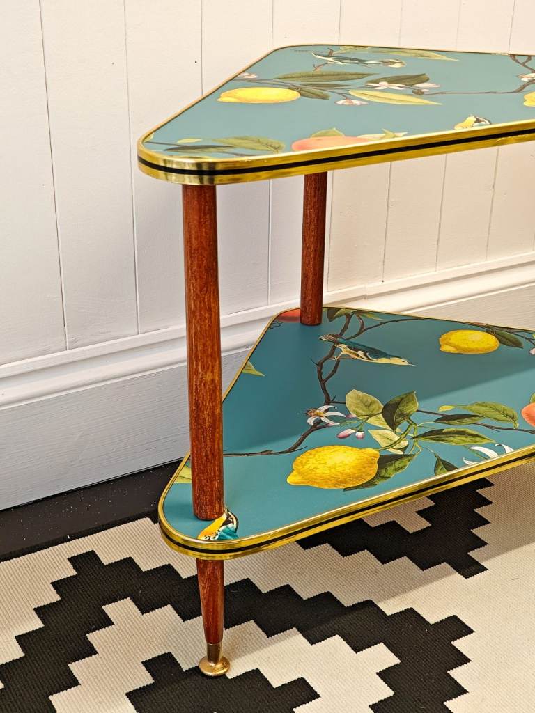 Upcycled Mid-century Corner Side/Coffee Table / Flora & Fauna