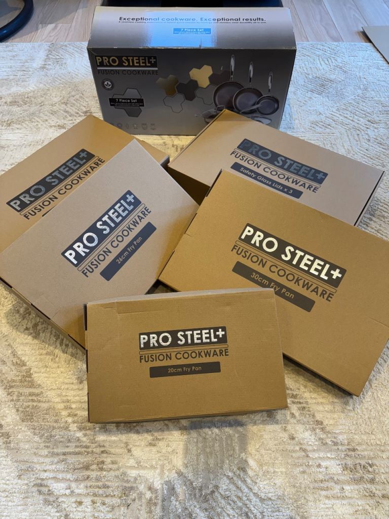 PRO STEEL Fusion 7 Piece Cookware Set 3 frying pans with lids plus wok. 
