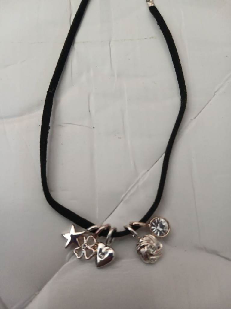 Black Choker Necklace with Silver Charms – Good Condition