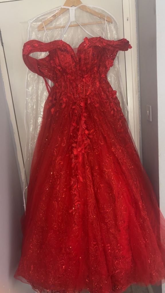 Stunning Red Off-Shoulder Occasion Dress with Petticoat – As Good As New