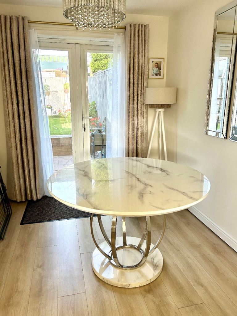 Stylish Round Marble Effect Dining Table with Chrome Base