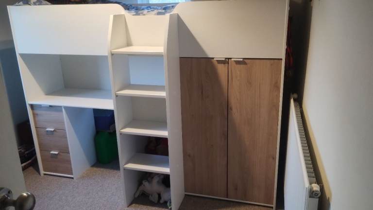 Sturdy loft bed, wardrobe, desk & drawers