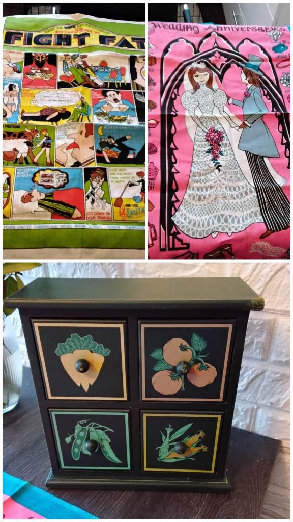 2 rareVintage tea towels and free small retro spice drawers cool