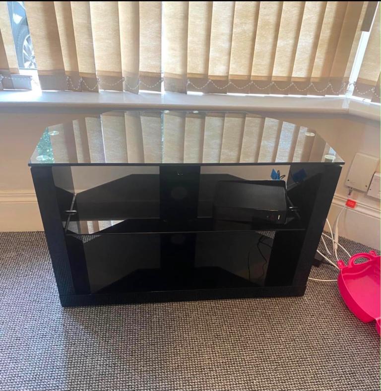 LG Black Glass TV Stand with Shelves – Good Condition
