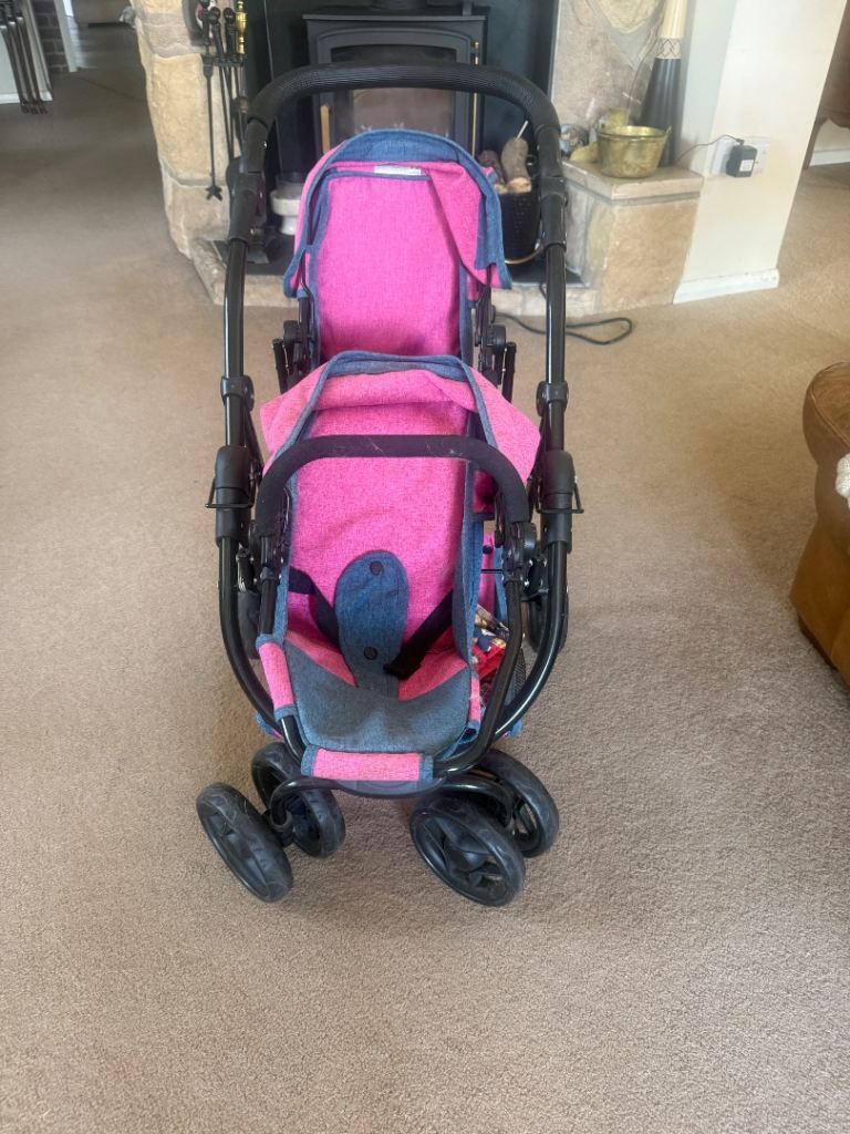 Pink and Blue Twin Doll Pram/Stroller – Good Condition