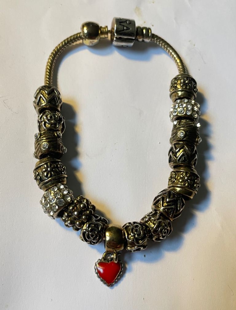 Gold Plated Beaded Bracelet With Red Loveheart Pendant. L 20cm Preowned.