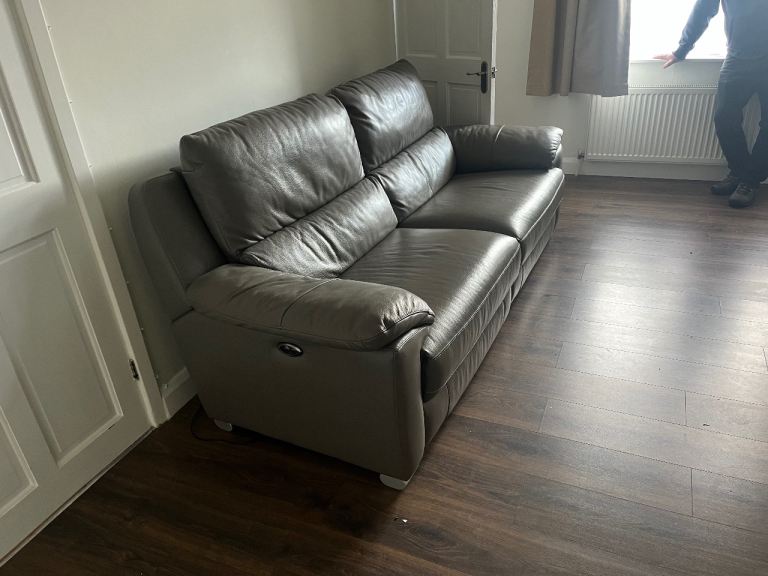 Grey leather double  power recliner 