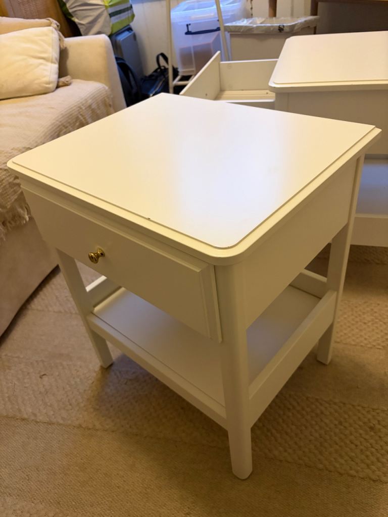 £70 ONO -  Pair of White Bedside Tables with Drawer & Shelf – Gold Knob Detail