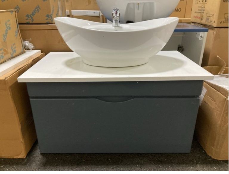 WALL MOUNTED COUNTERTOP SINK UNIT IN GLOSS GREY COMPLETE WITH A  CERAMIC BASIN MIXER TAP