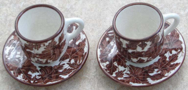 Coffee Cups and Saucers x 2 Handmade in Cyprus. Moses Brown Leaf