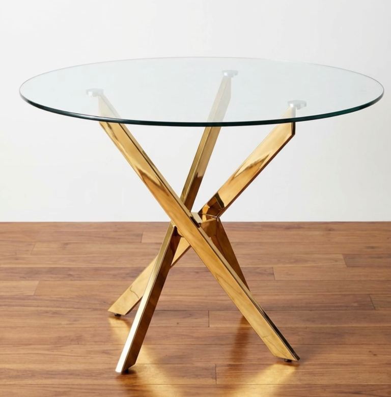 Contemporary Round Glass & Polished Gold Pedestal Table