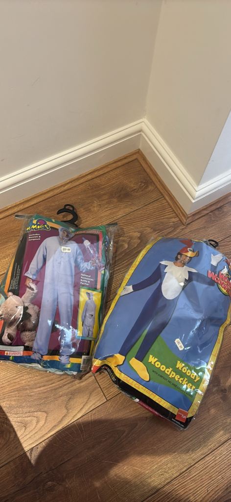 Adult fancy dress costumes. Woody Woodpecker and giant baby!