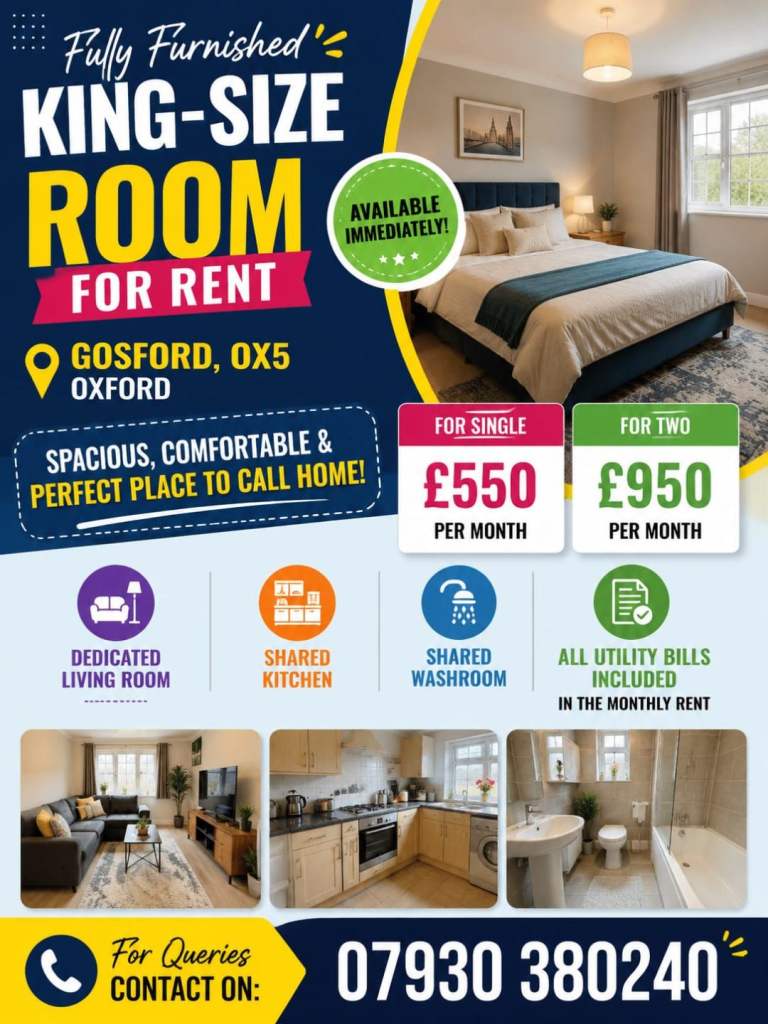 Fully furnished king size room in OX5