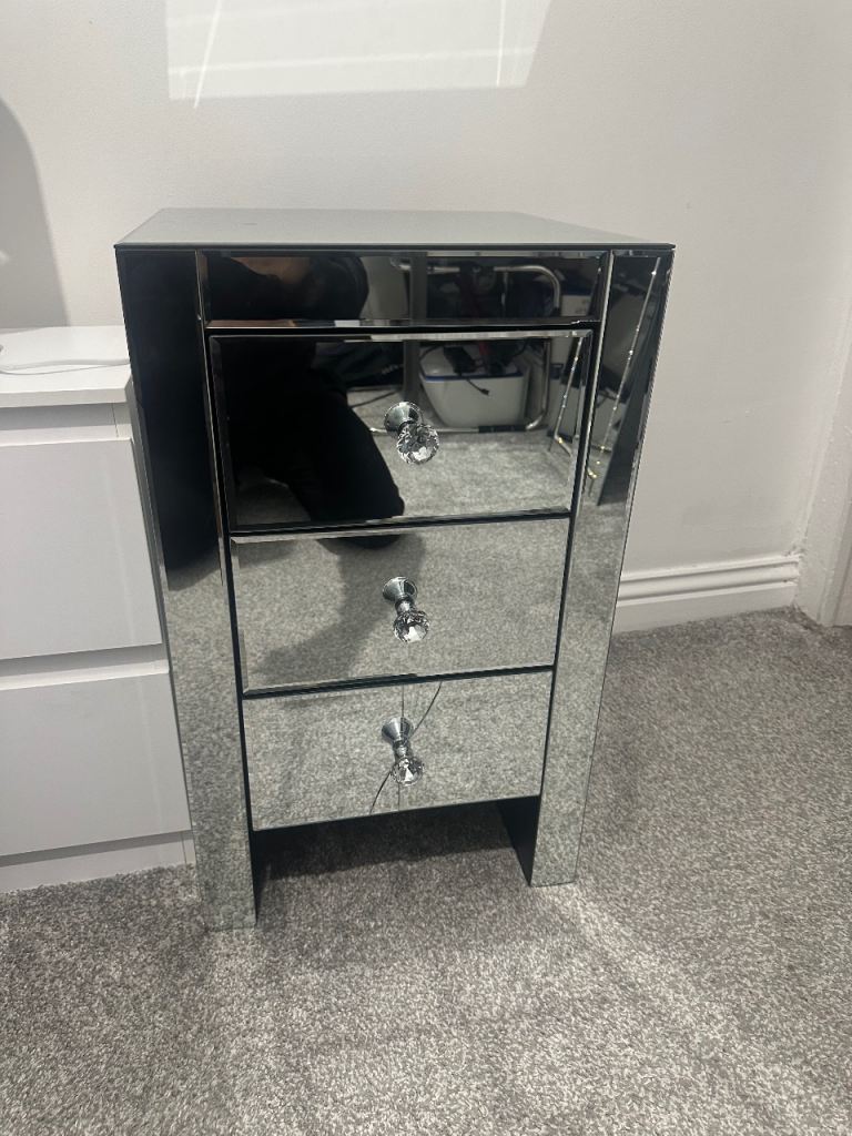 Mirrored Bedside Table with 3 Drawers – Good Condition