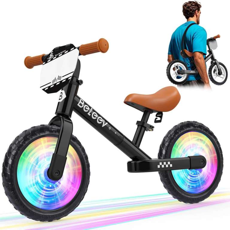 BELEEV C3 Kids Balance Bike 12" Light Up Wheels Carry Strap Adjustable Handlebar & Seat, Black