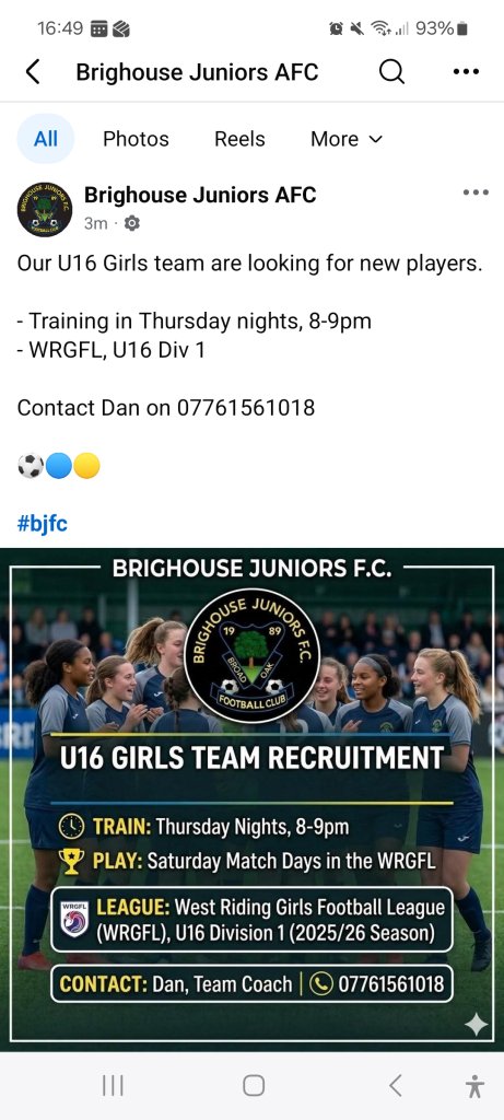 Girls football soccer players required for U16 Brighouse Juniors Football Club