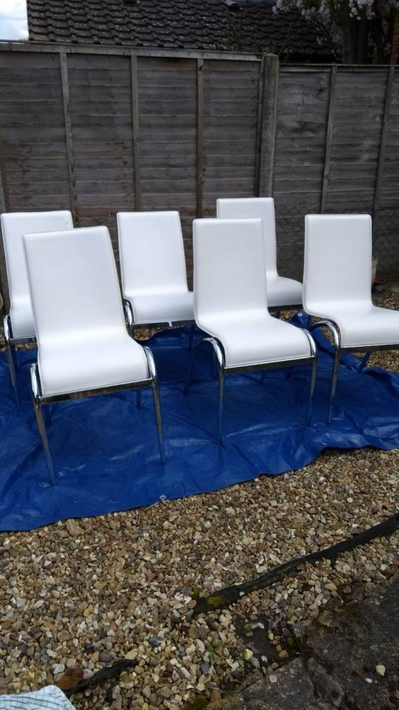  6 Dining Chairs White Leather & Chrome