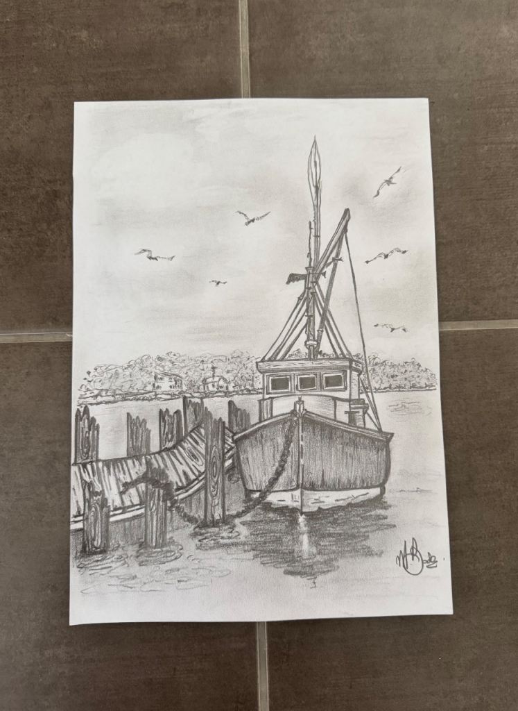 Original A4 Size Hand-Drawn Black & White Pencil Sketch of a Fishing Boat docked in Harbour 