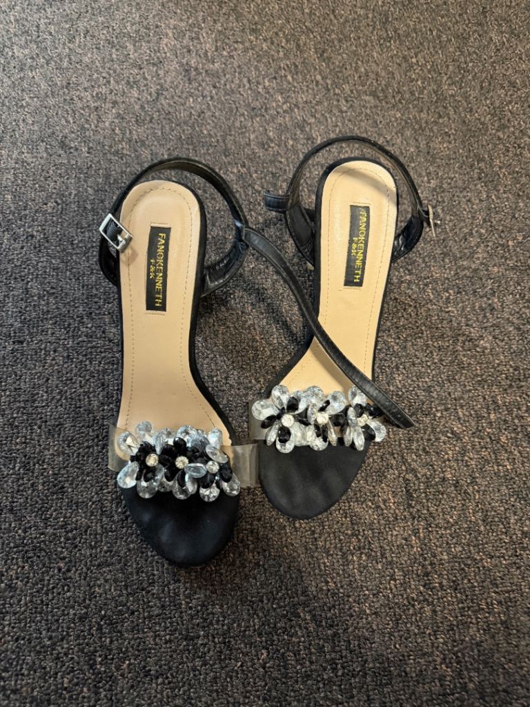FANG KENNETH Black Heels with Clear Straps and Embellishments