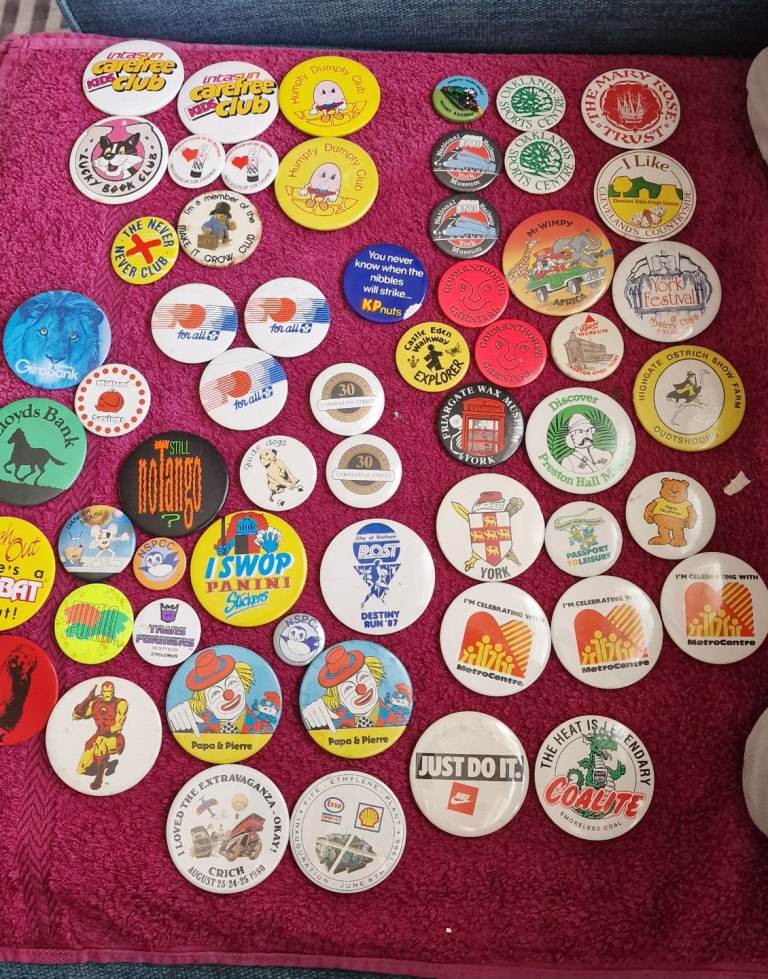 Variety Of Vintage Badges - Paddington Bear, banks, Nike, Puma, York, tango, guide dogs etc