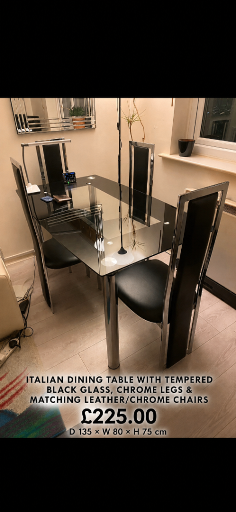 Stylish Italian Dining Table with 4 Matching Black Chairs