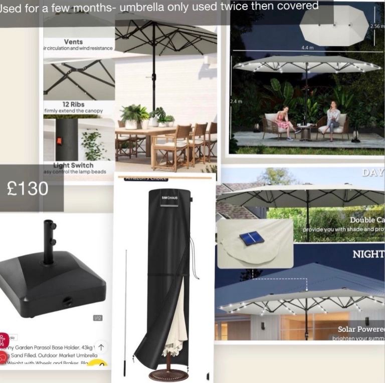 Light up garden parasol/ umbrella, base and cover 