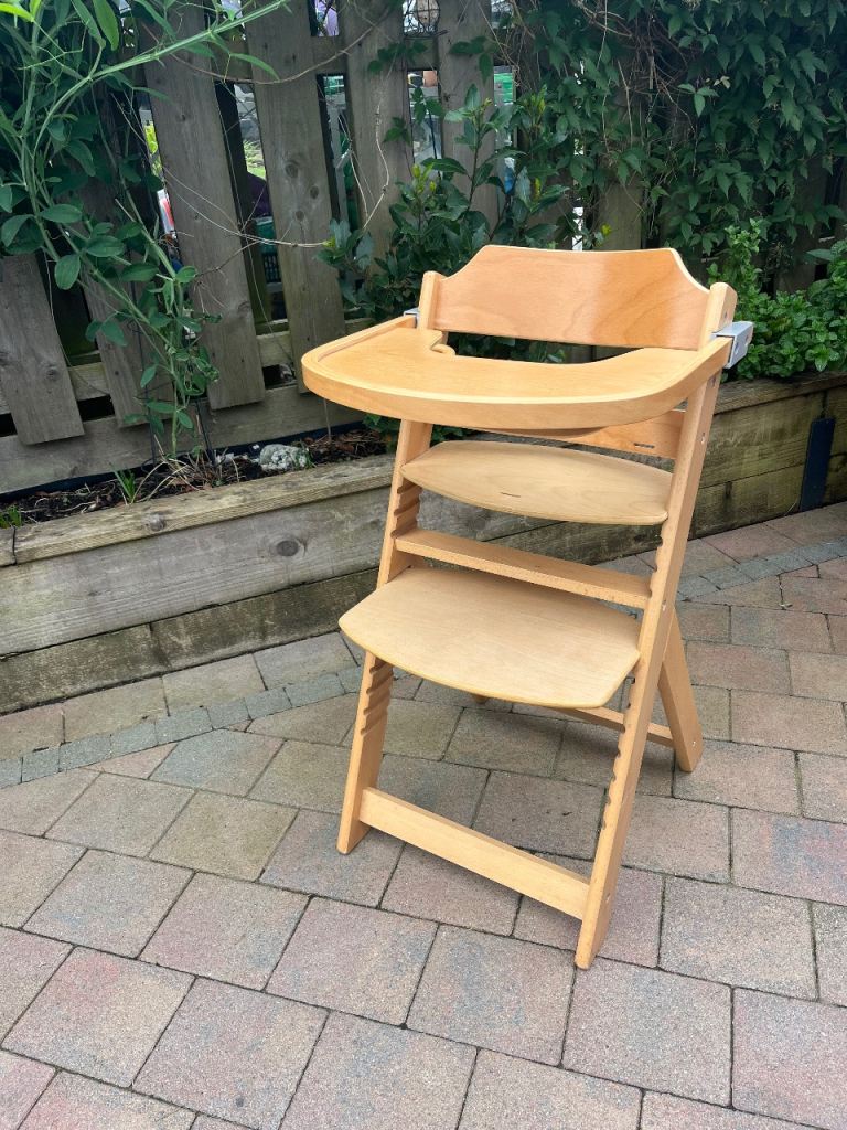 Sturdy Wooden High Chair with Adjustable Seat and Tray