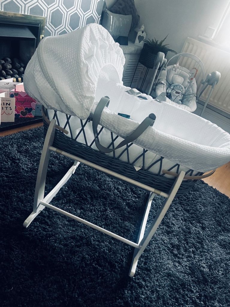 Moses Basket with Rocking Stand – White and Grey, As Good As New