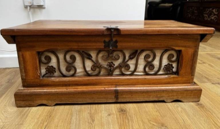 Rustic Solid Wood Storage Chest with Decorative Metalwork (Handcrafted in Colombia)