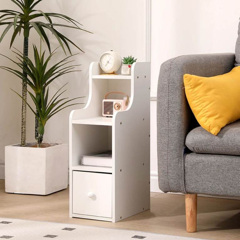 Narrow Bedside Table White with Drawer&Open Shelf, Slim Table Cabinet 20cm for Small Space