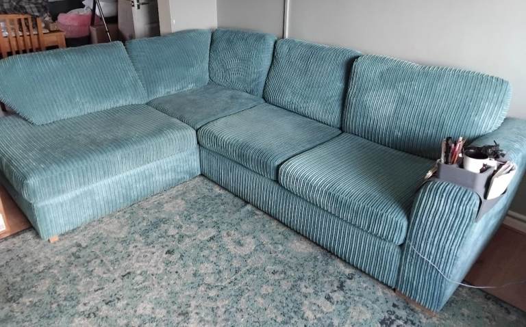 Duck egg blue corner sofa, couples swivel chair, ottoman