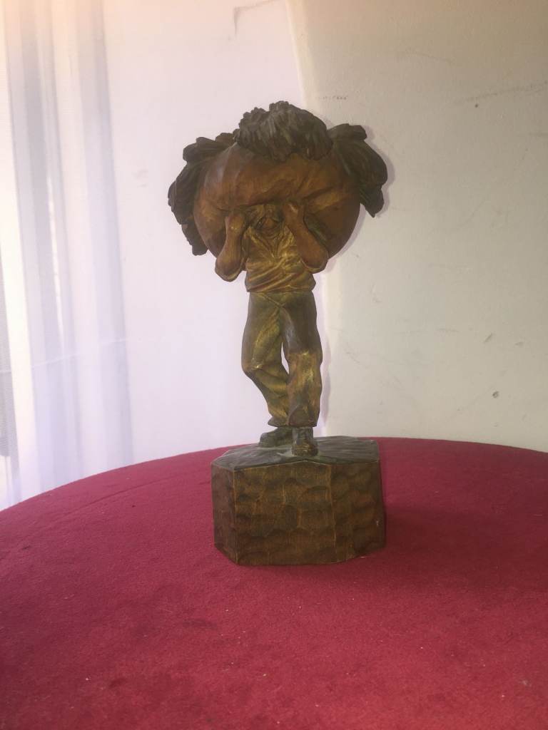 Vintage Wooden Hand Carved Figurine of Man Carrying Load