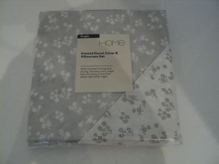 HOME Single Grey White Floral Printed Duvet Cover and Pillowcase Set