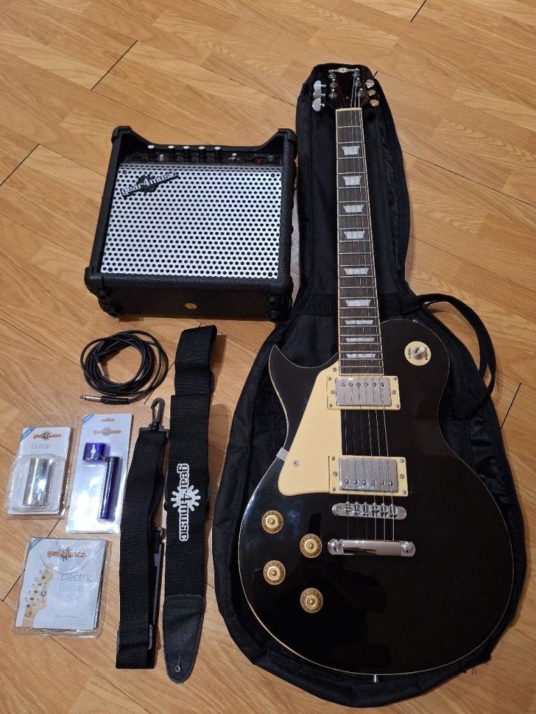 Gear4music Electric Guitar Les Paul LP Style Black Left Handed Black + Amp + Acc