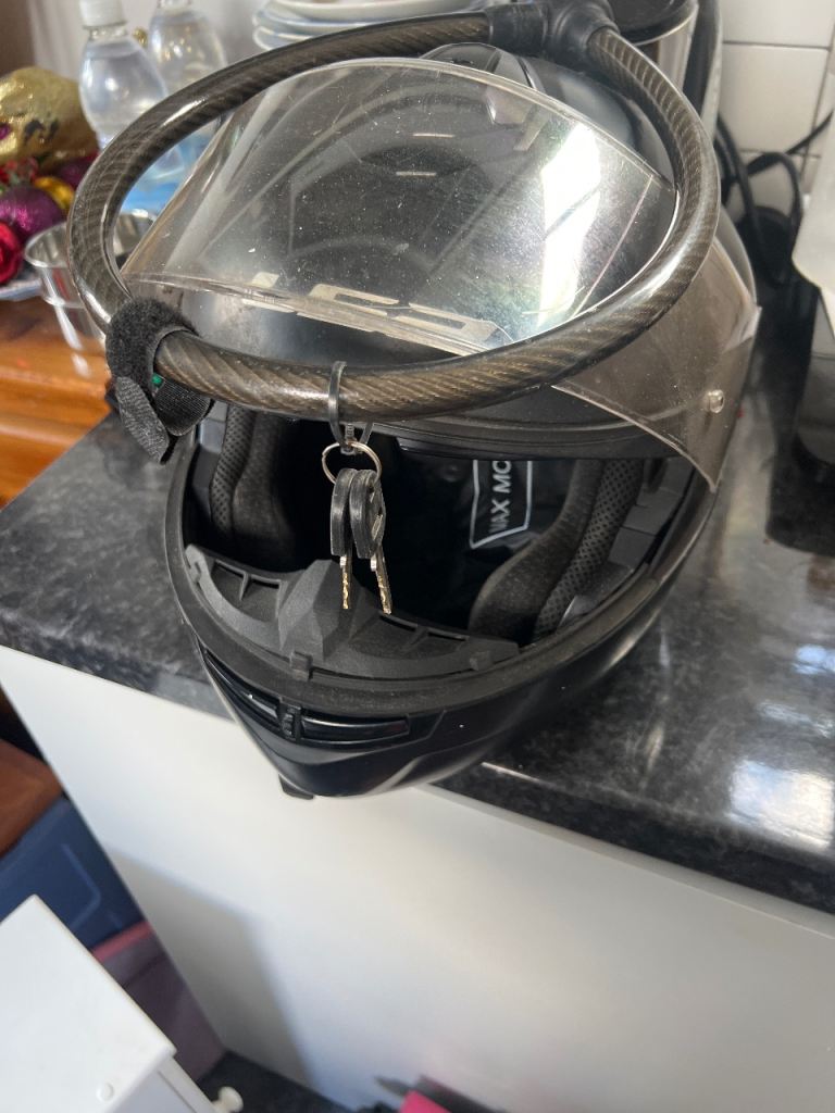 Black Motorcycle Helmet with Cable Lock and Keys