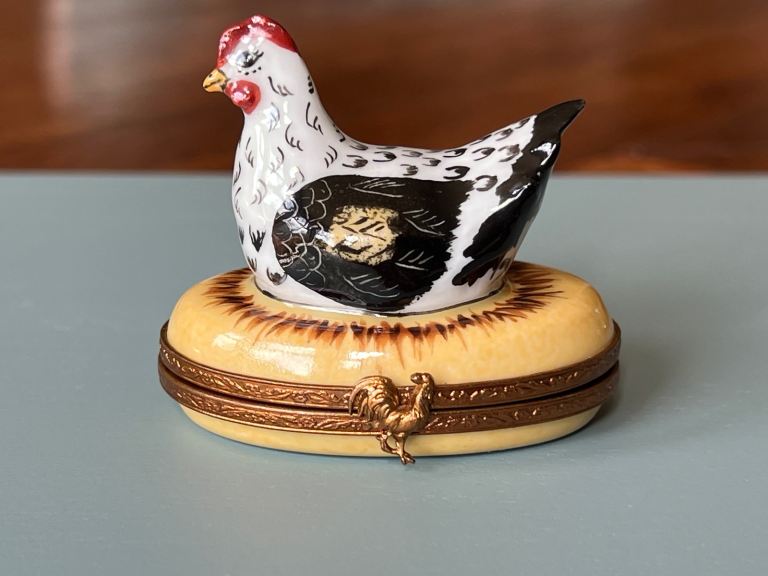 Vintage Limoges “Peint Main” Hand-Painted Porcelain Chicken & eggs box – signed