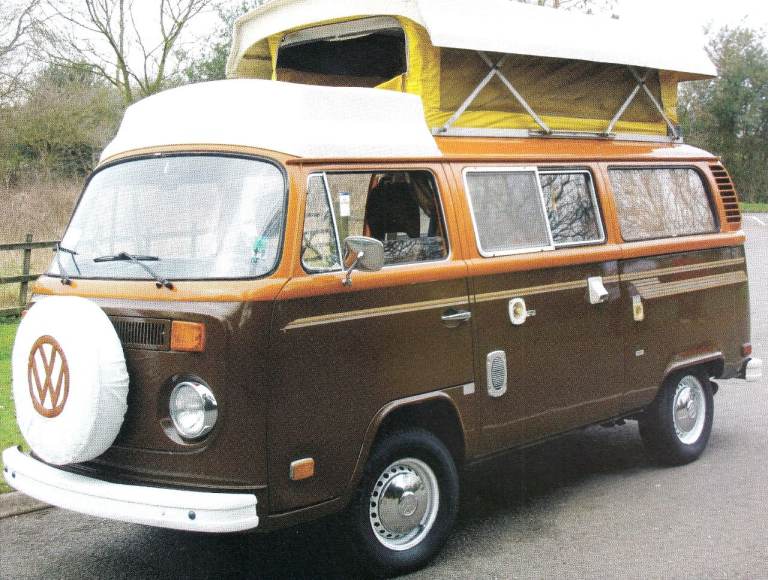 46 Framed original featuring Very Early VW/Volkswagen Camper BROWN & ORANGE with Canvas POP UP