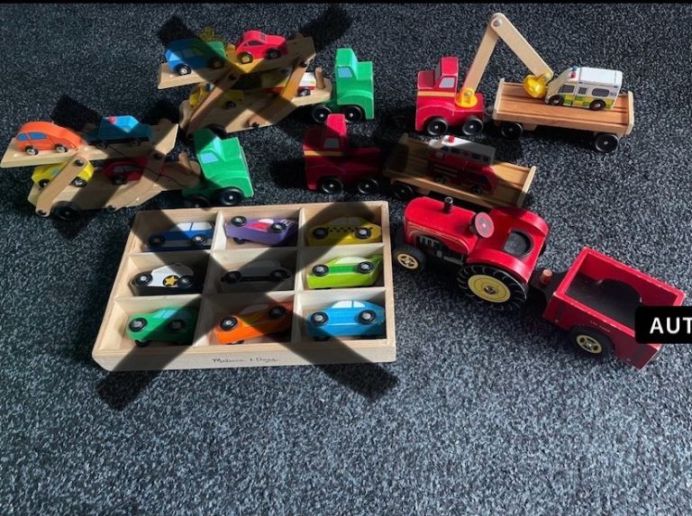 Melissa & Doug wooden toys magnetic car loader & Red Le toy van tractor with trailer