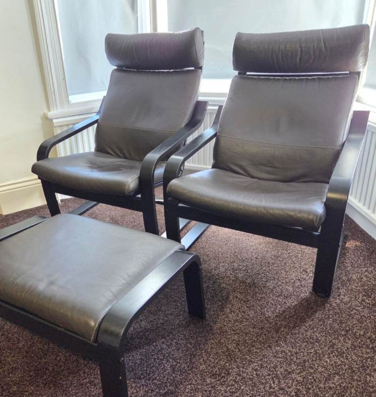 IKEA POÄNG Armchairs x2 & Footstool Brown Leather Black Frame Matching Set