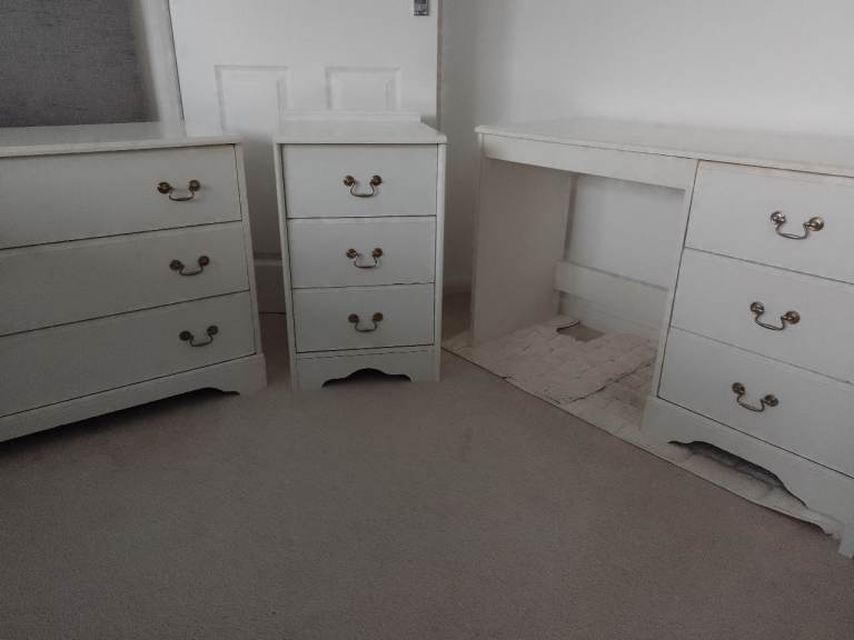 White chest of drawers, bedside cabinet and dressing table - bedroom furniture set
