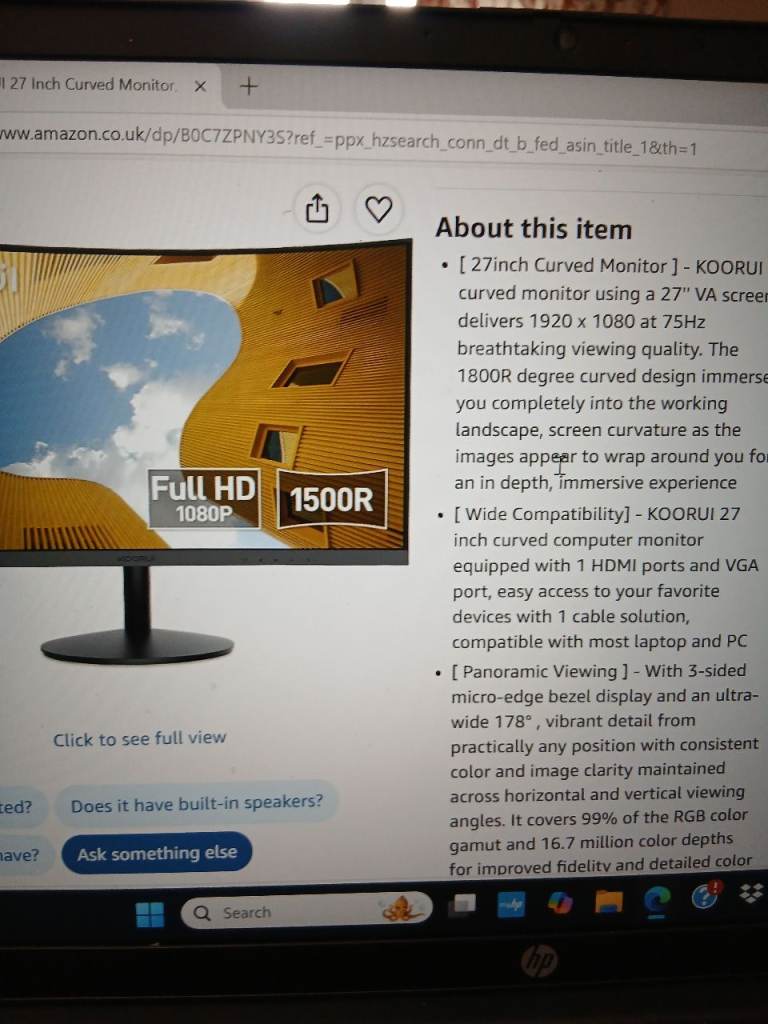 KOORUI 27-inch Curved Monitor – Full HD 1080P