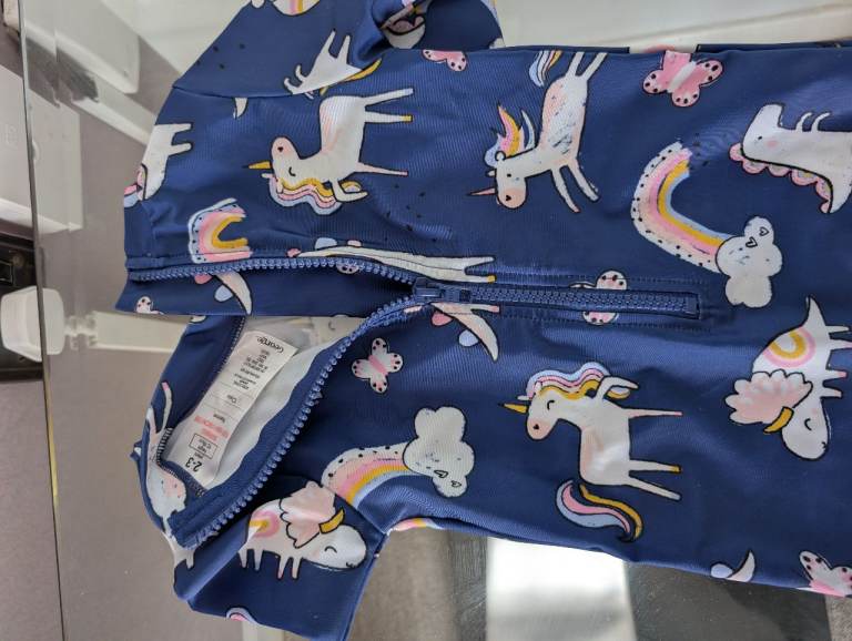 Stylish Baby Girl 2 To 3 Yrs Blue Unicorn & Dinosaur Swimsuit and Matching Hat 