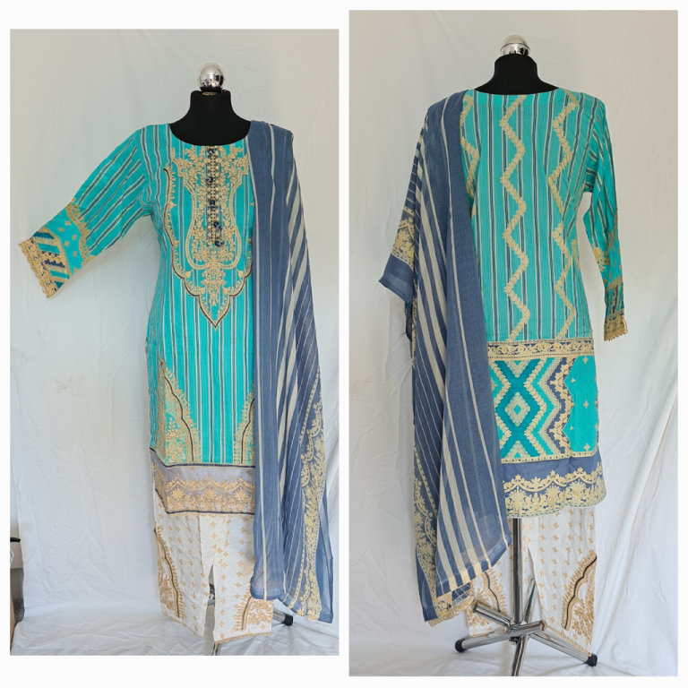 Maria.B 3 piece suit, linen/lawn. kameez scarf salwar. Stitched Readymade. Turquoise Blue Gold white