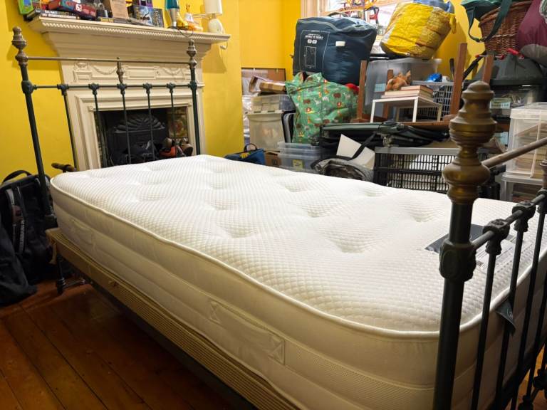 Vintage Cast Iron Single Bed with Nearly-New Mattress 