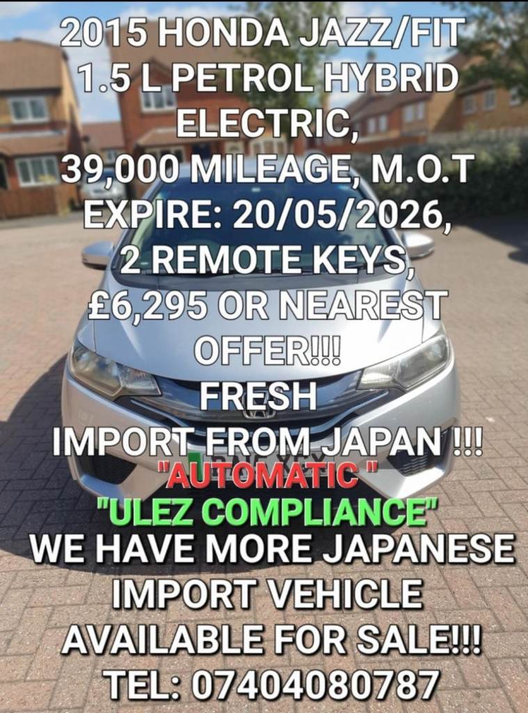 Honda Jazz Fit 1.5 Liter Hybrid Self Charging Electric Automatic 39,000 Miles Ulez Compliant!!!