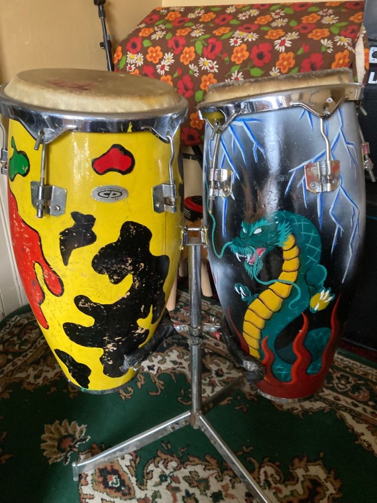 Pair of Conga Drums with Stand – Custom Painted, Good Condition