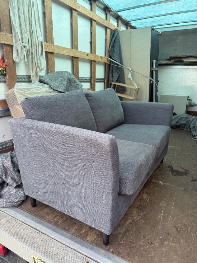 Grey Fabric 2-Seater Sofa + Matching Footstool / Pouffe