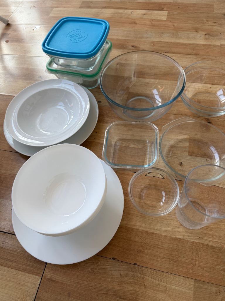 Mixed Kitchenware Bundle: Glass Bowls, White Bowls, and Storage Containers