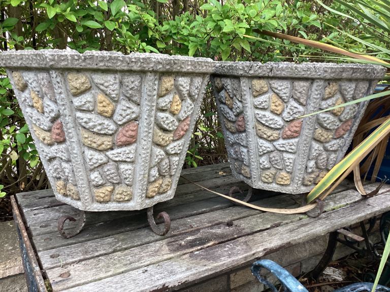 image for PAIR OF WONDERFUL COLOURFUL VINTAGE PLANT POTS 🪴ON METAL LEGS 